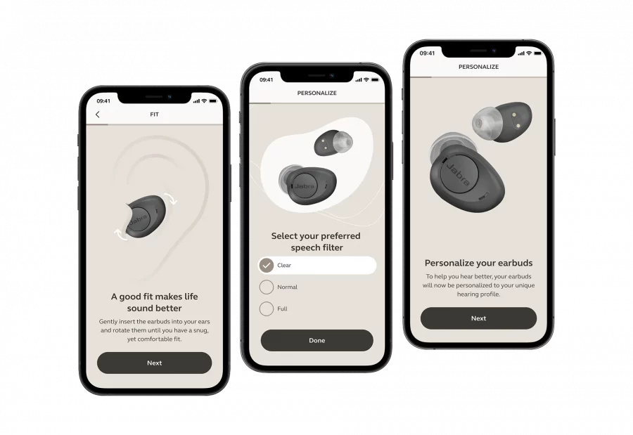 Three phones show different components of the Jaabra Enhance iPhone application