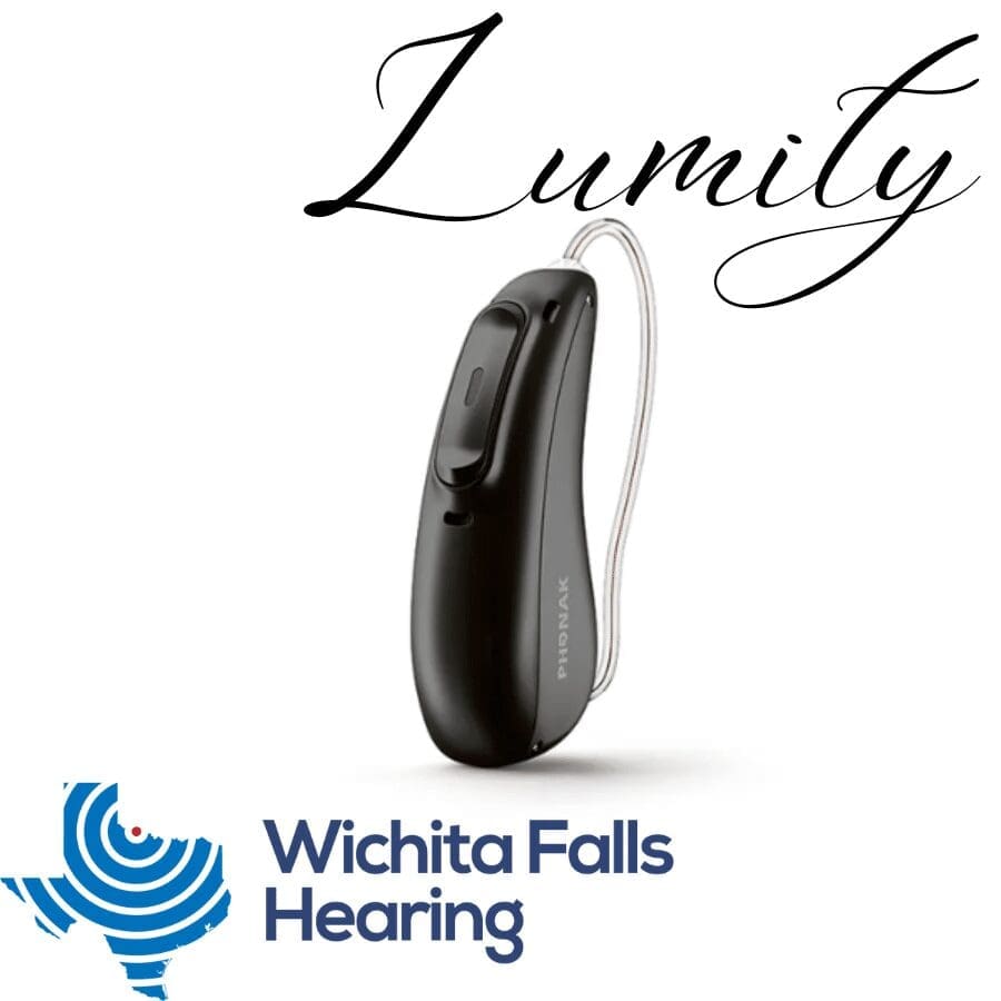 Hearing aid with company logo and the text "Lumity".
